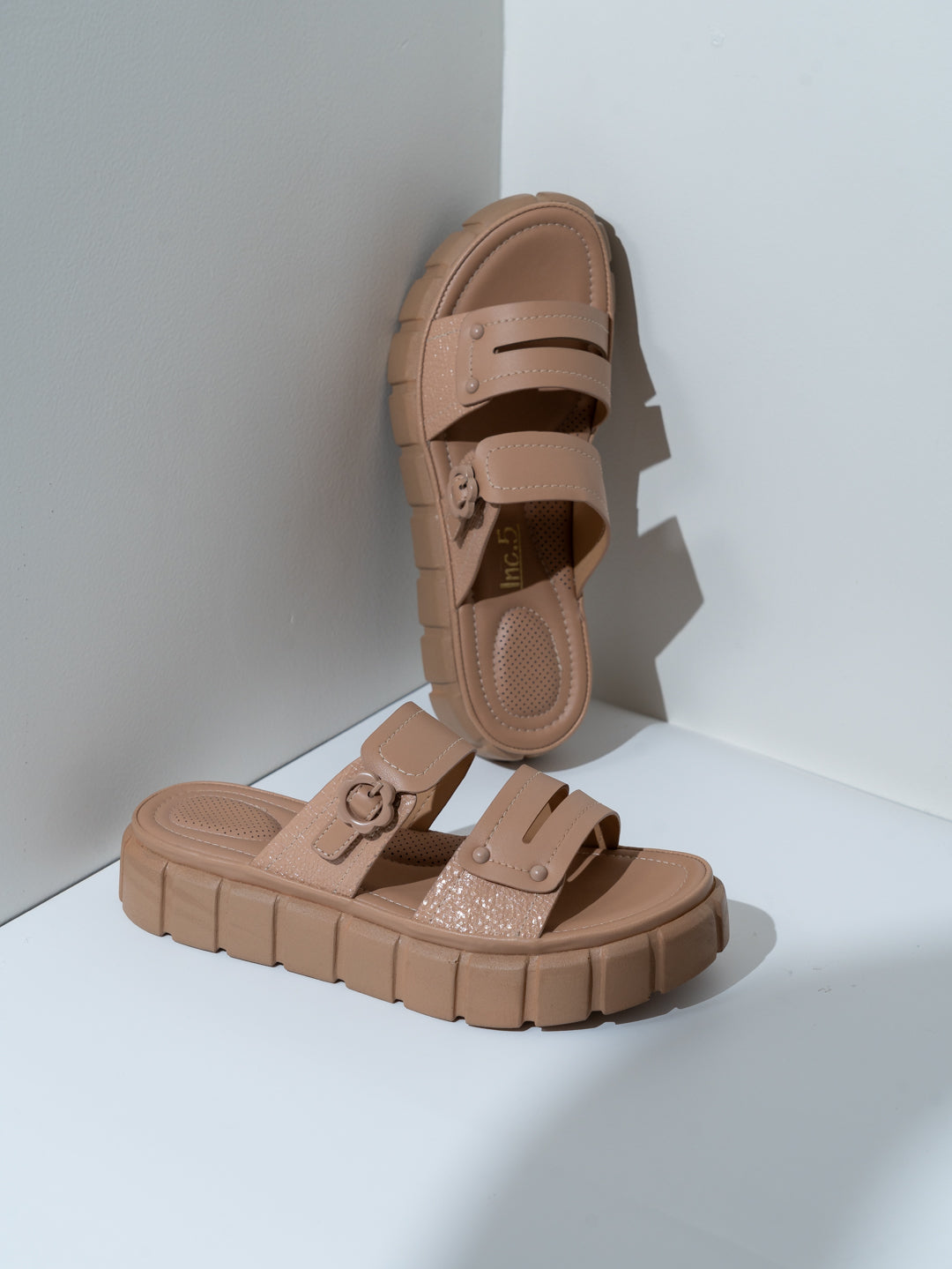 Womens Beige Casual Solid Open Toe Slip-On Flat Sandals