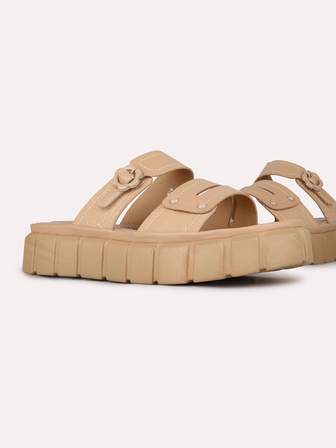 Womens Beige Casual Solid Open Toe Slip-On Flat Sandals