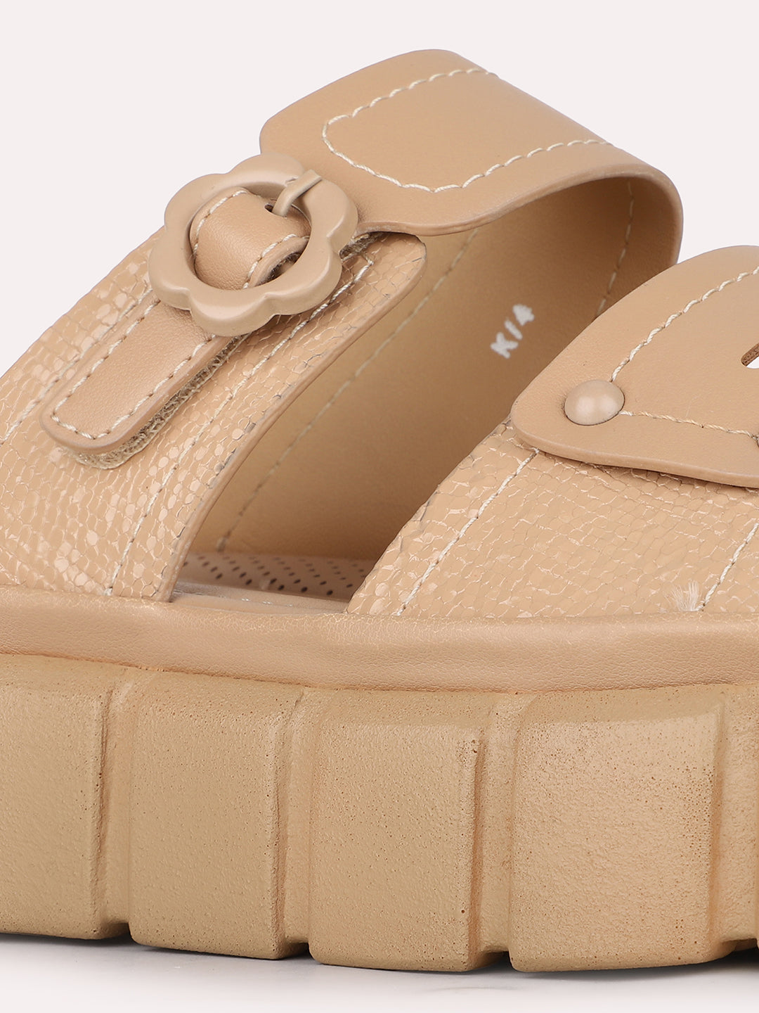 Womens Beige Casual Solid Open Toe Slip-On Flat Sandals