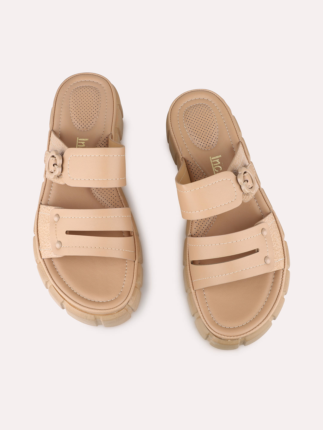 Womens Beige Casual Solid Open Toe Slip-On Flat Sandals