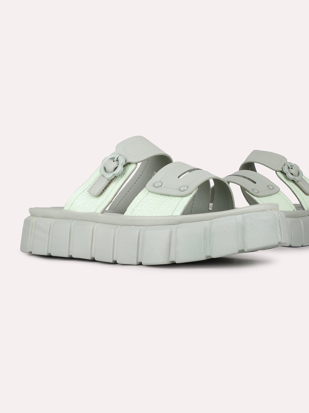 Women Green Casual Solid Round Toe Flatform Heel Sandals