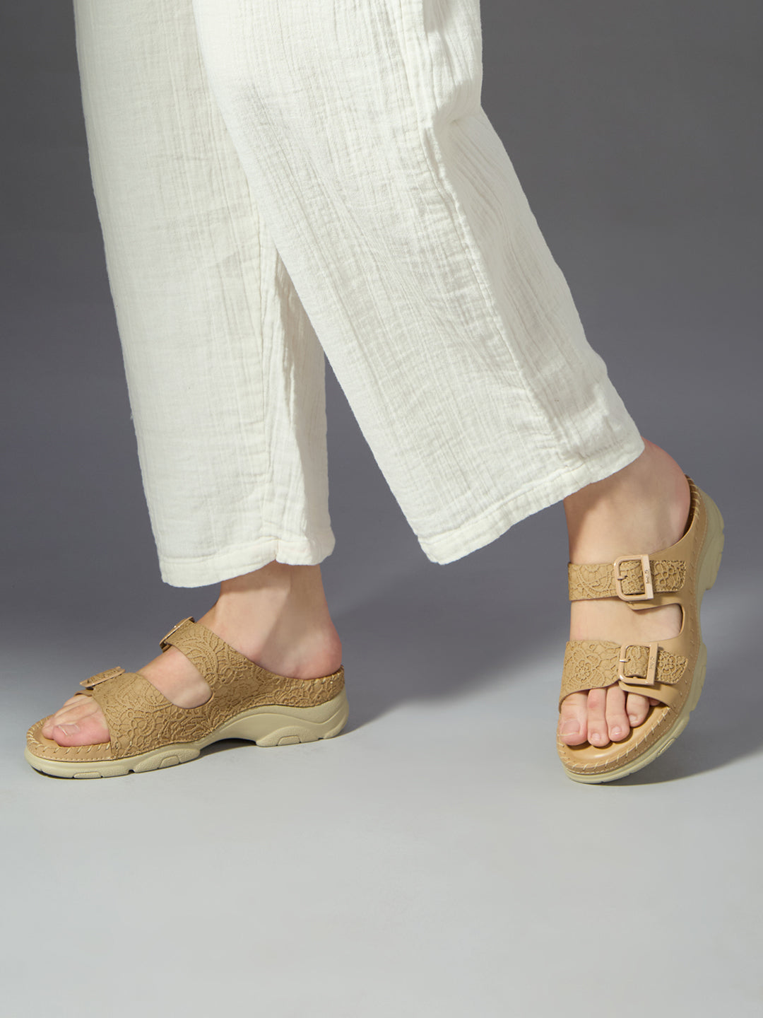 Women Beige Casual Solid Open Toe Slip-On Flat Sandals