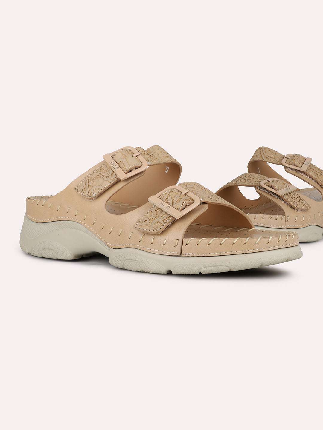 Women Beige Casual Solid Open Toe Slip-On Flat Sandals