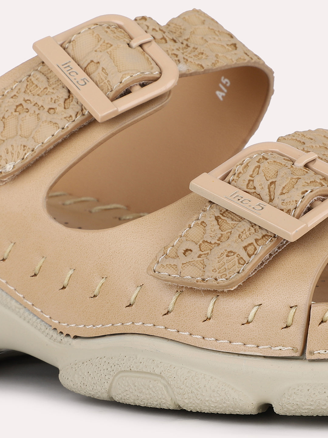 Women Beige Casual Solid Open Toe Slip-On Flat Sandals