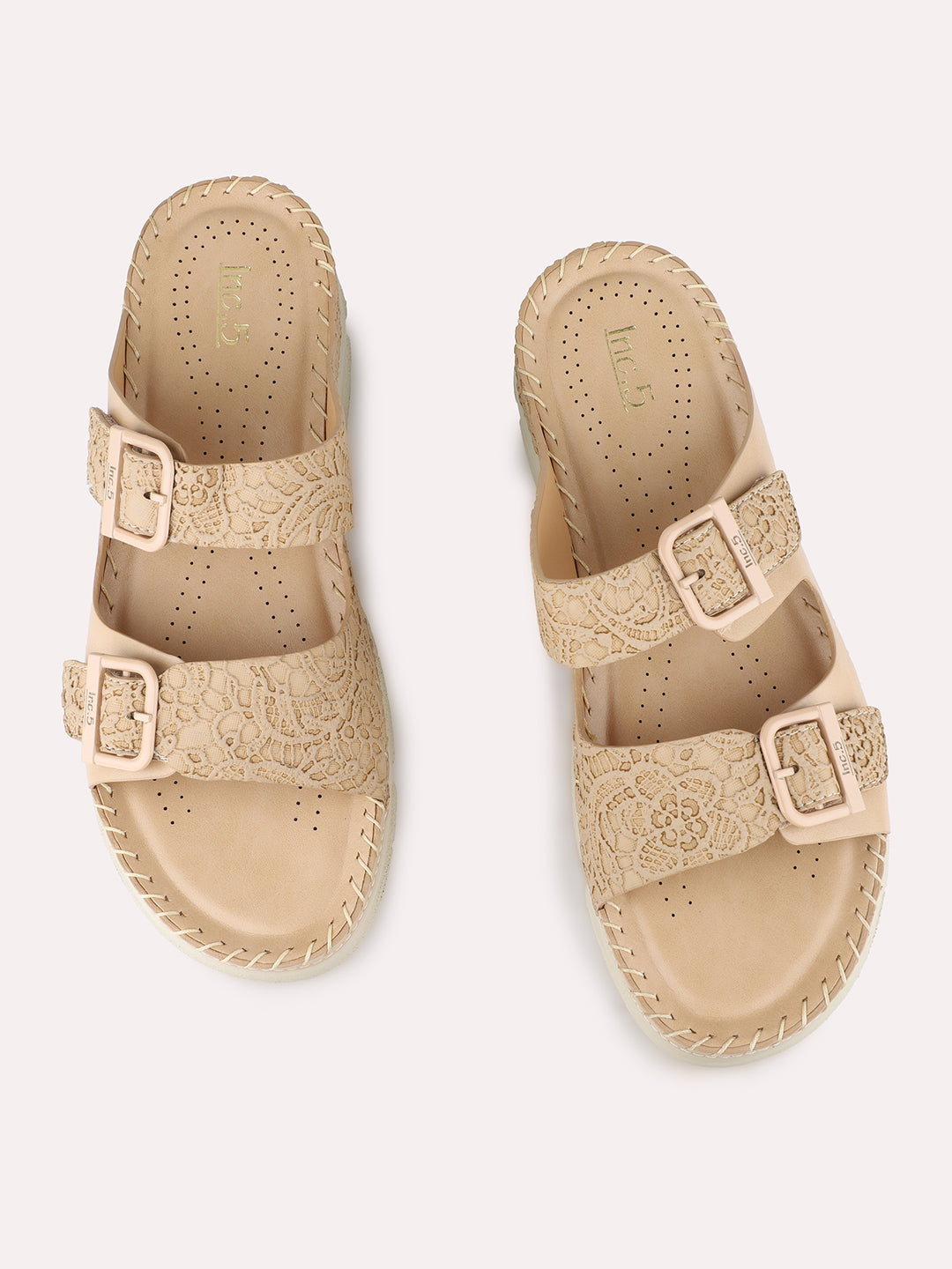 Women Beige Casual Solid Open Toe Slip-On Flat Sandals