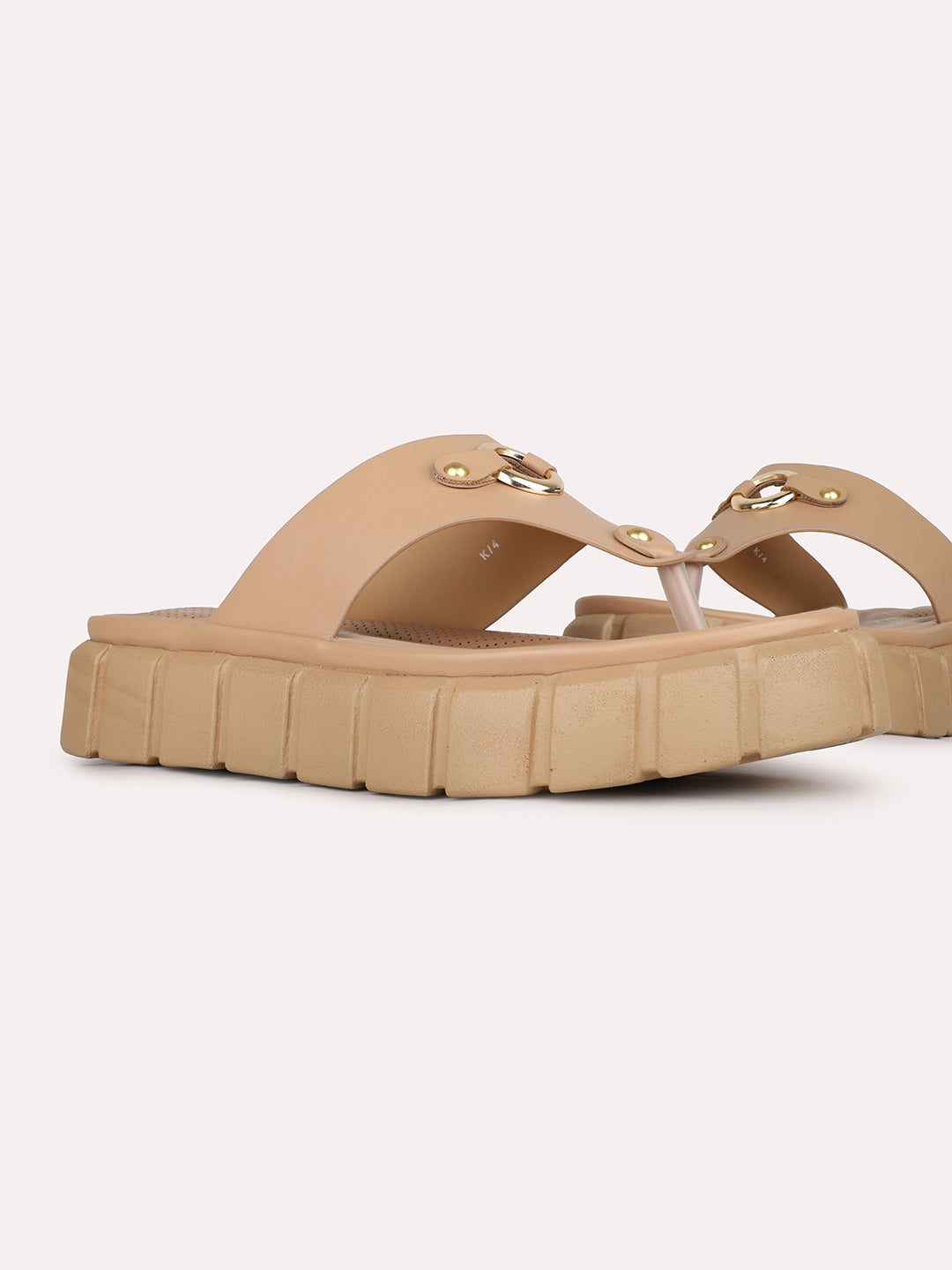 Womens Beige Casual Solid T-Strap Slip-On Flat Sandals