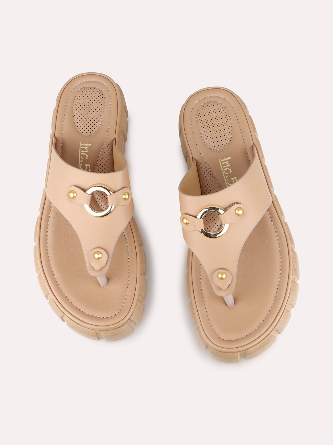 Womens Beige Casual Solid T-Strap Slip-On Flat Sandals
