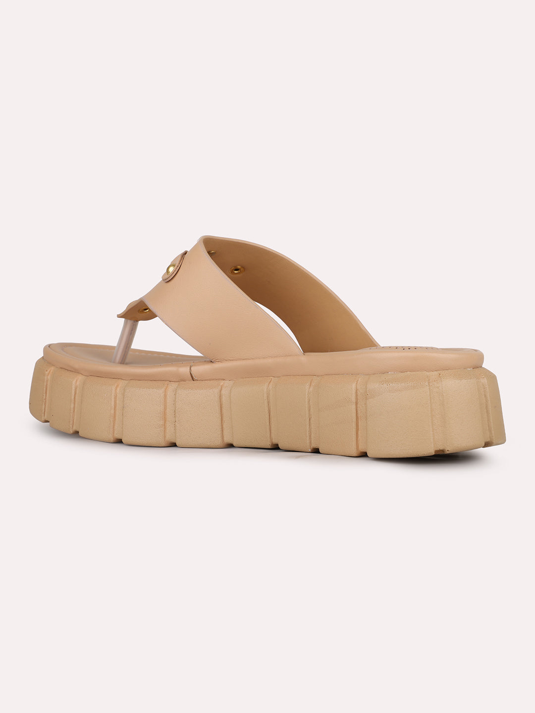 Womens Beige Casual Solid T-Strap Slip-On Flat Sandals