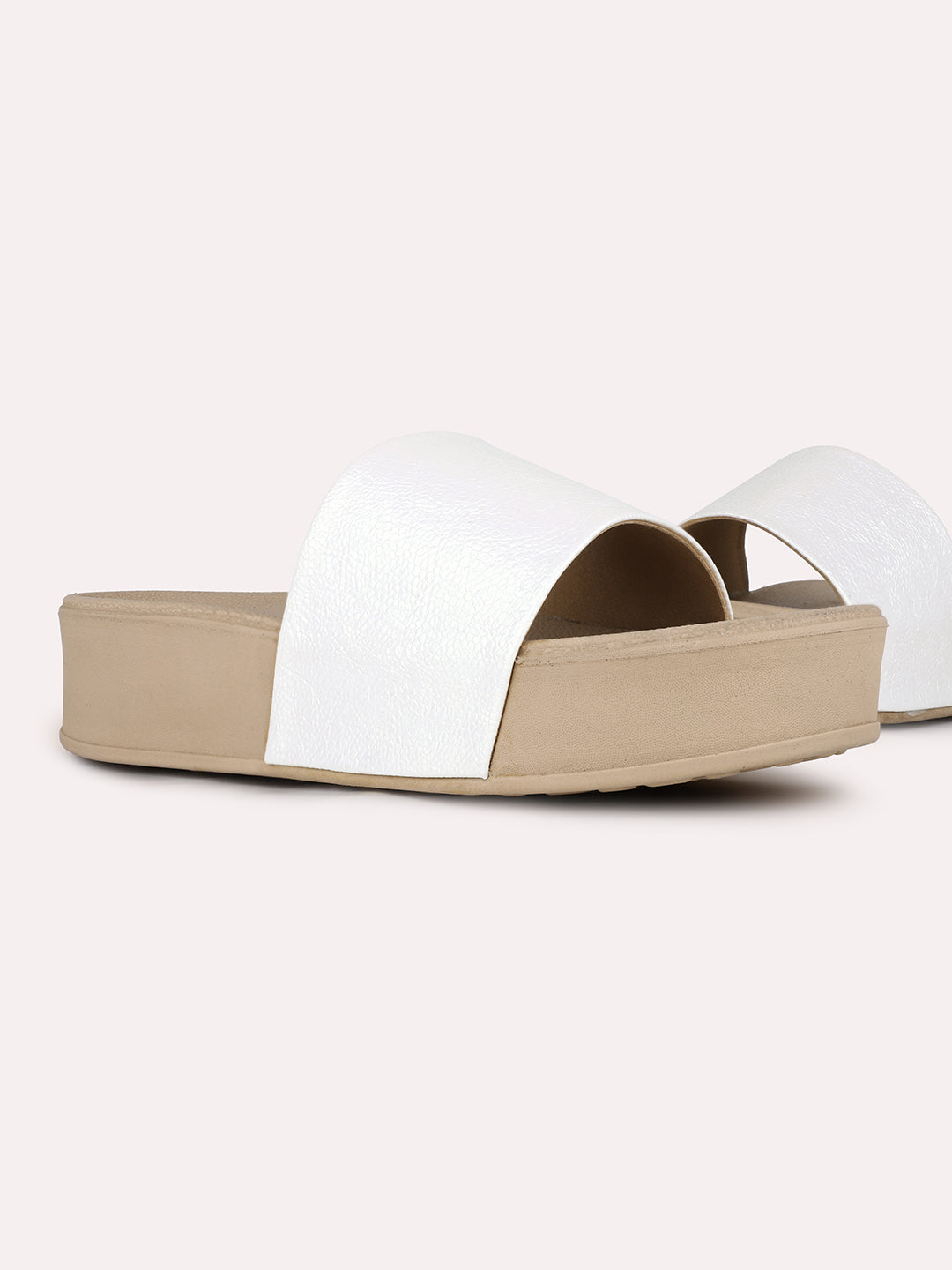 Women White Casual Solid Round Toe Slip-On Sandals