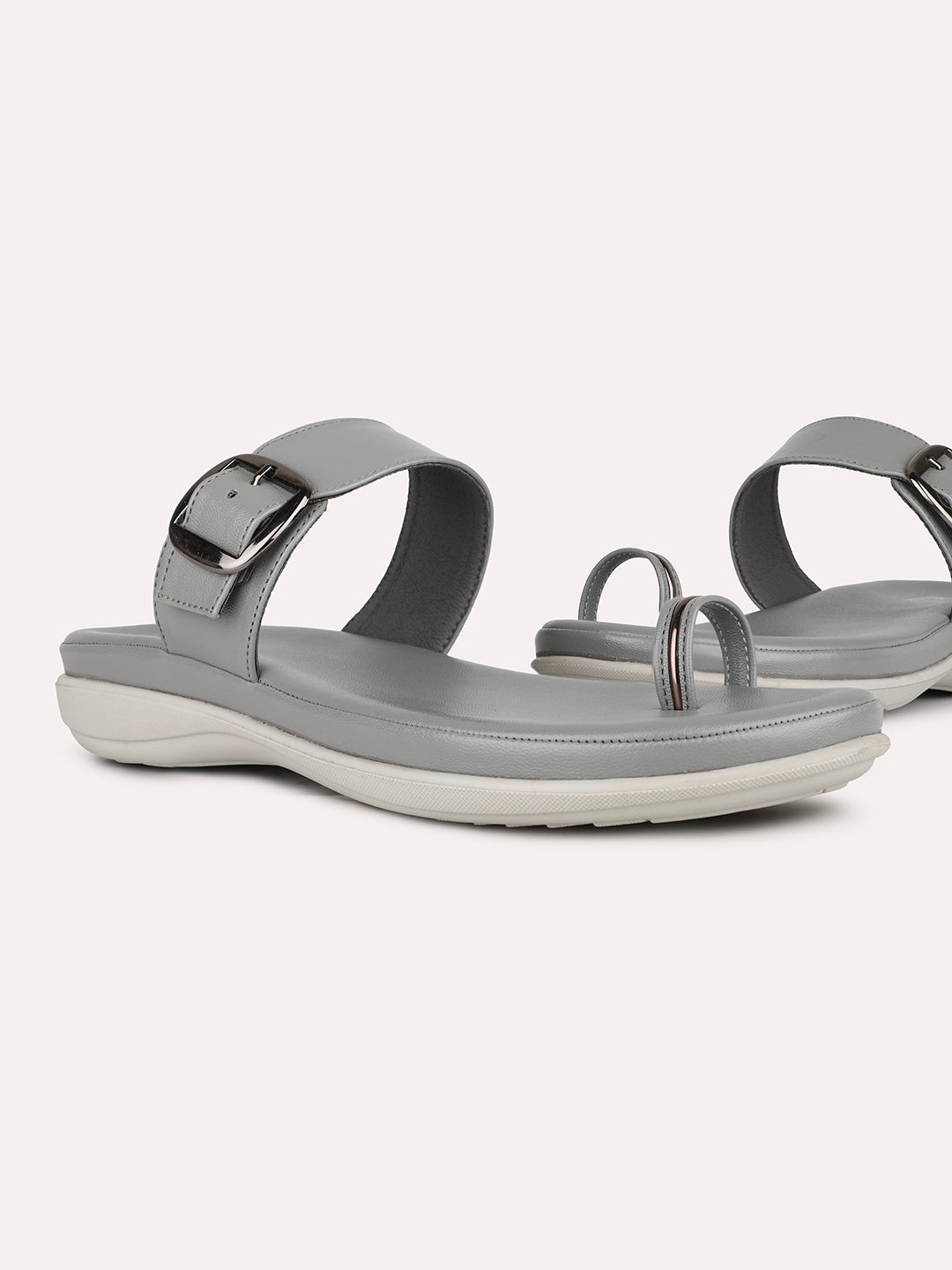 Women Grey Casual Solid Round Toe Slip-On Sandals