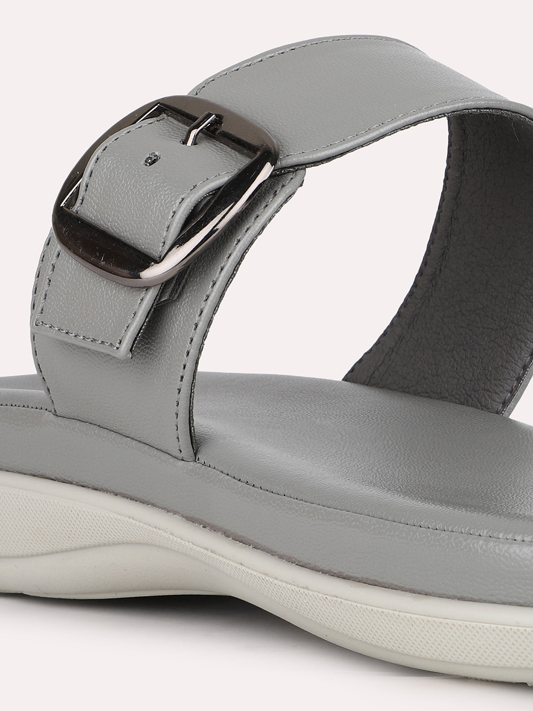 Women Grey Casual Solid Round Toe Slip-On Sandals