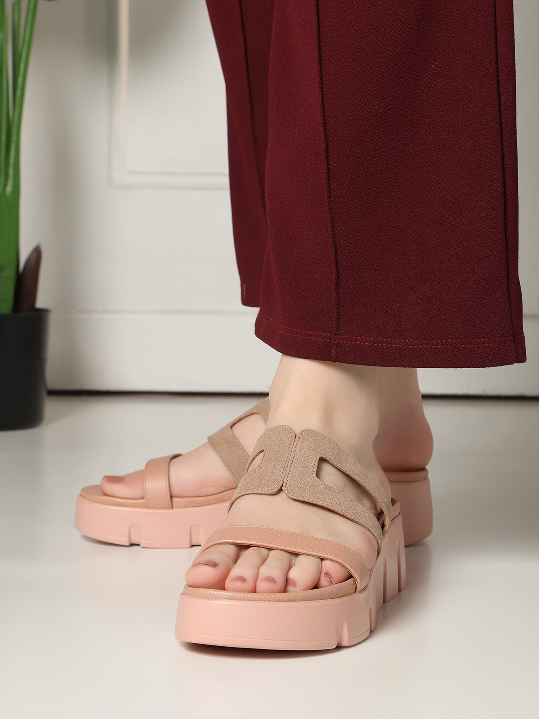 Womens Peach Casual Striped Wedge Heel Sandals