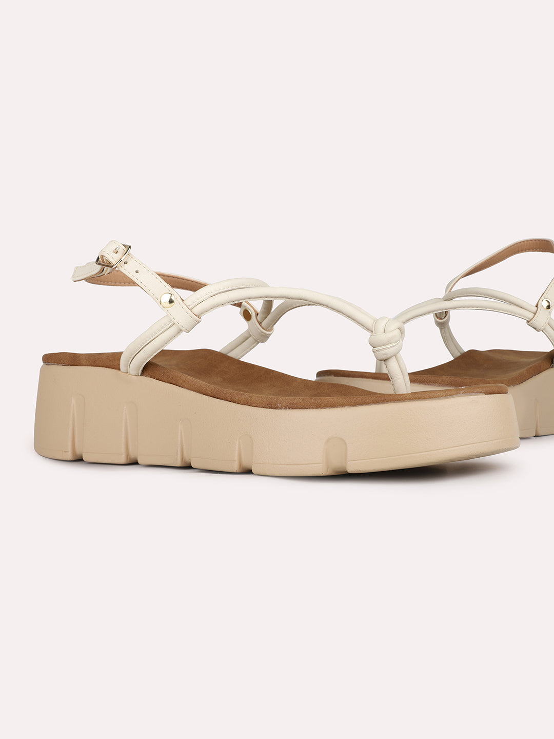 Women Cream Party Wear Solid Round Toe Wedge Heel Sandals