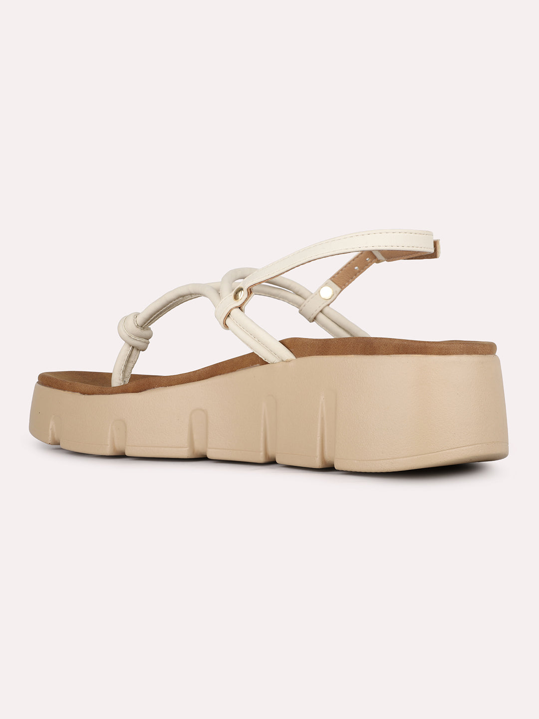 Women Cream Party Wear Solid Round Toe Wedge Heel Sandals