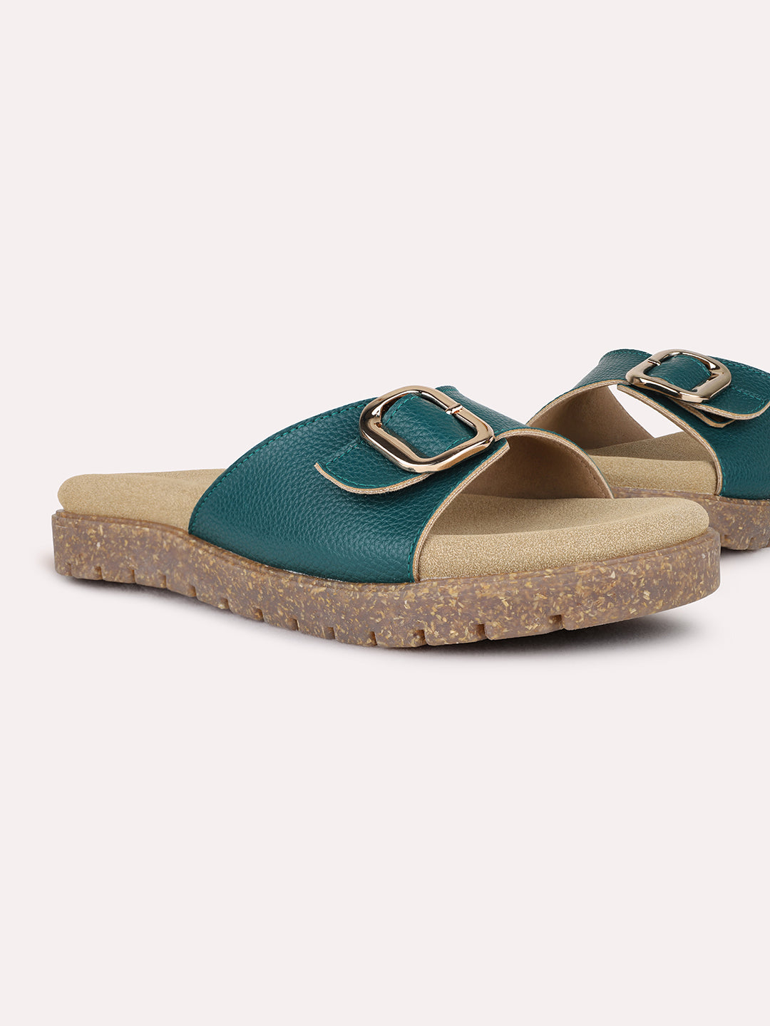Womens Green Casual Solid Open Toe Flat Slip-On Sandals