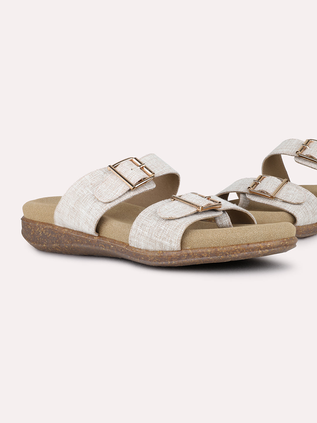 Womens Beige Casual Printed Round Toe Flatform Heel Sandals