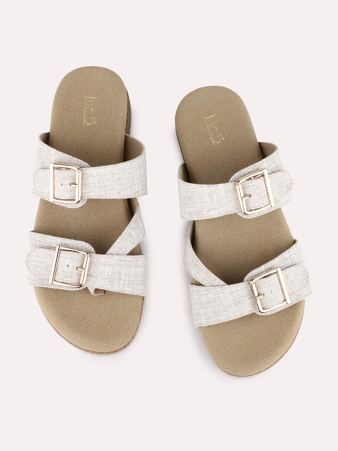 Womens Beige Casual Printed Round Toe Flatform Heel Sandals