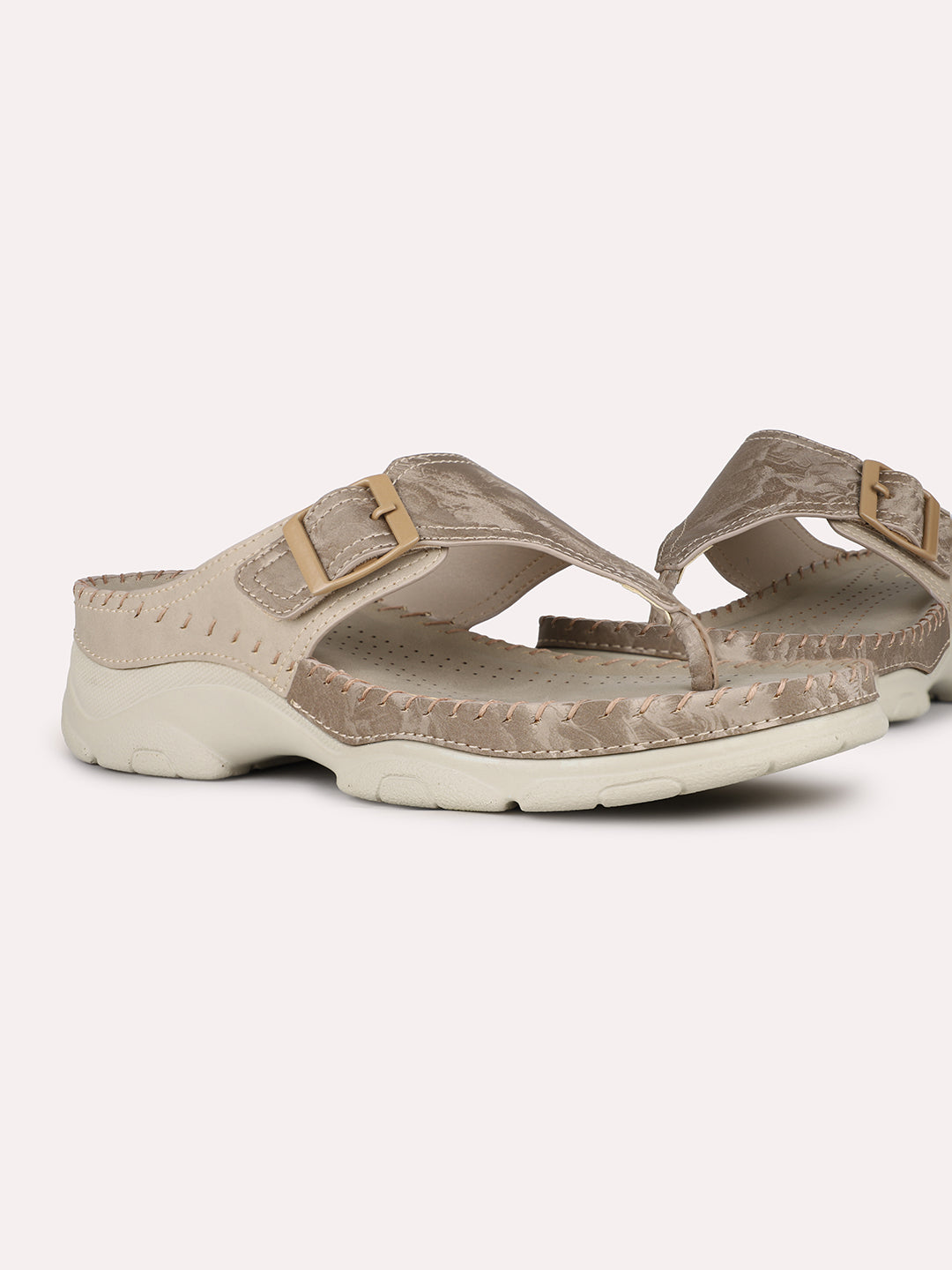 Women Beige Casual Embellished Round Toe Flatform Heel Sandals