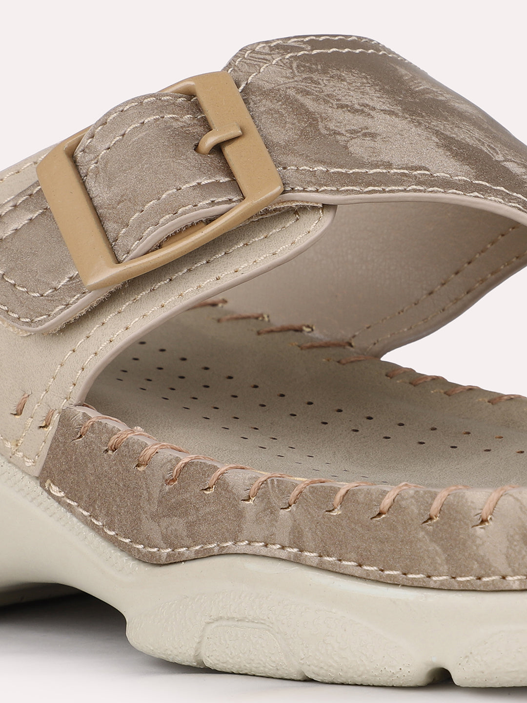 Women Beige Casual Embellished Round Toe Flatform Heel Sandals