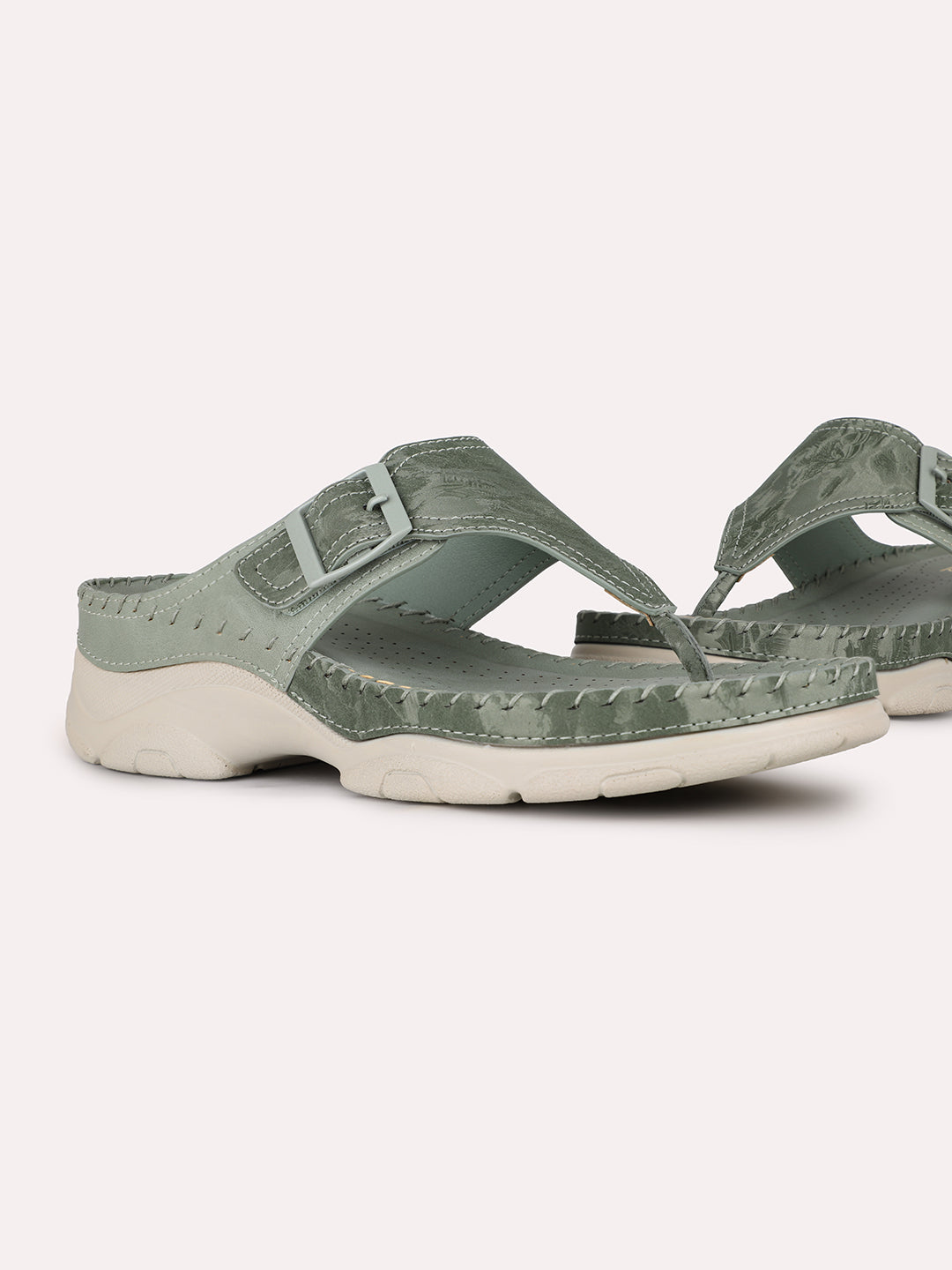 Women Green Casual Embellished Round Toe Flatform Heel Sandals