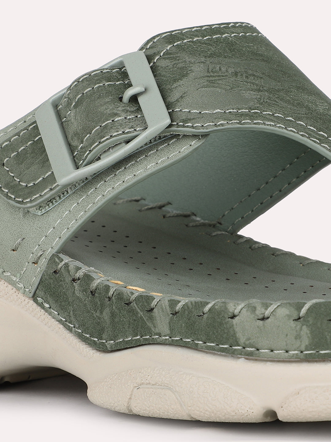 Women Green Casual Embellished Round Toe Flatform Heel Sandals