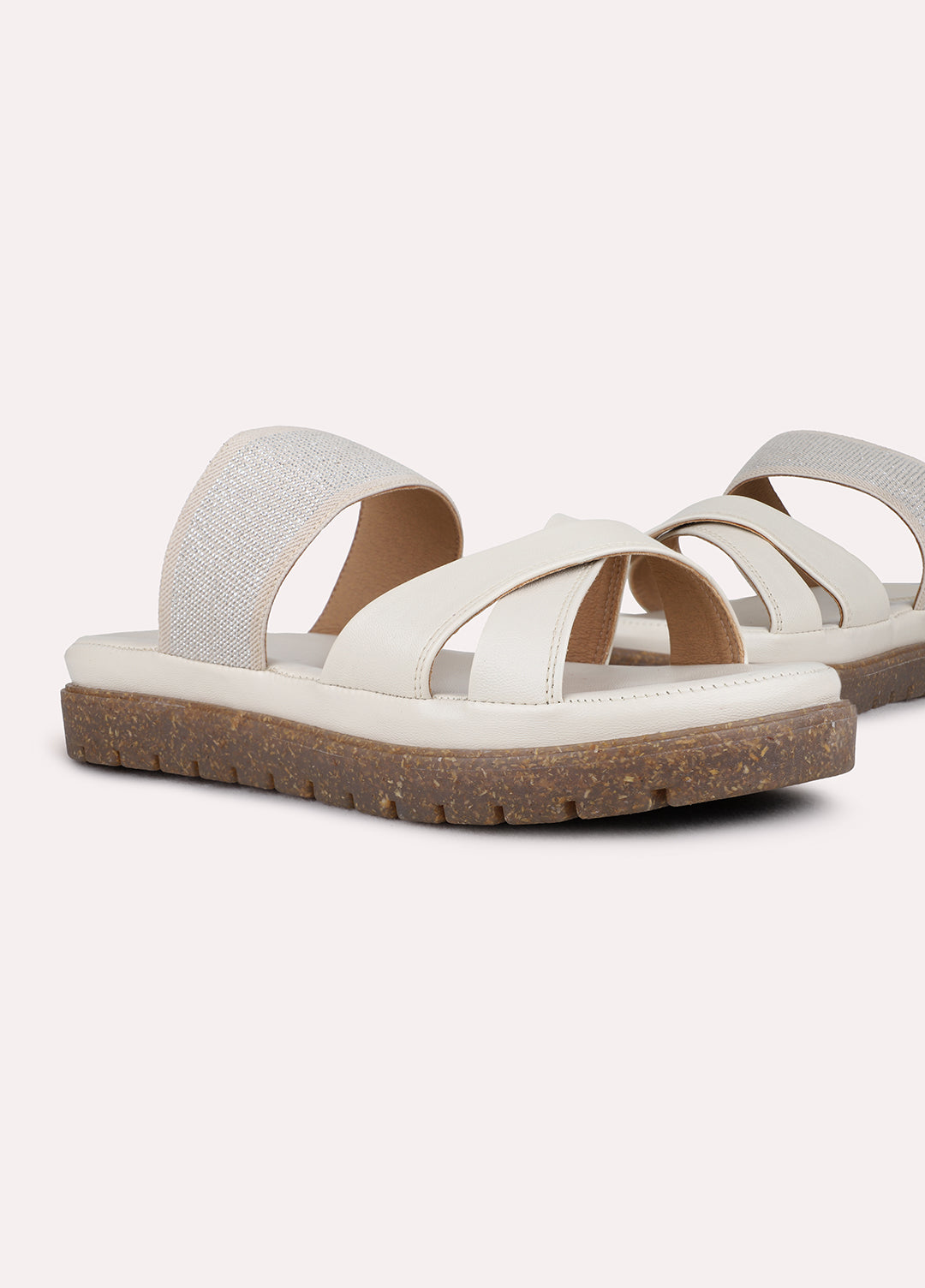 Womens Cream Casual Solid Pattern Open Toe Flats