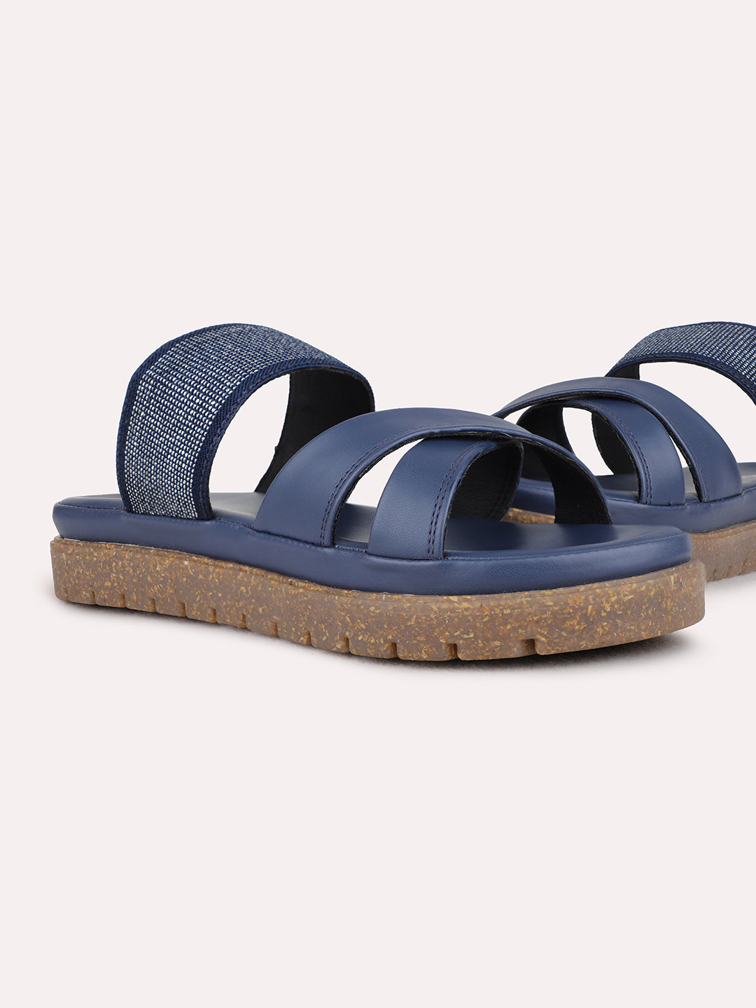 Womens Navy Casual Solid Open Toe Flat Slip-On Sandals