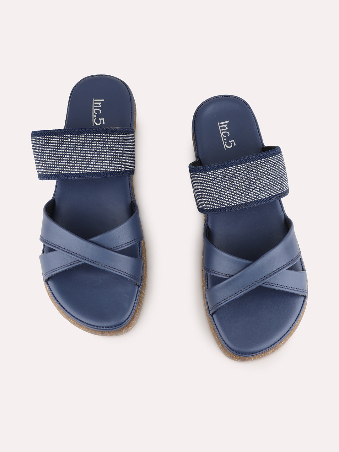 Womens Navy Casual Solid Open Toe Flat Slip-On Sandals