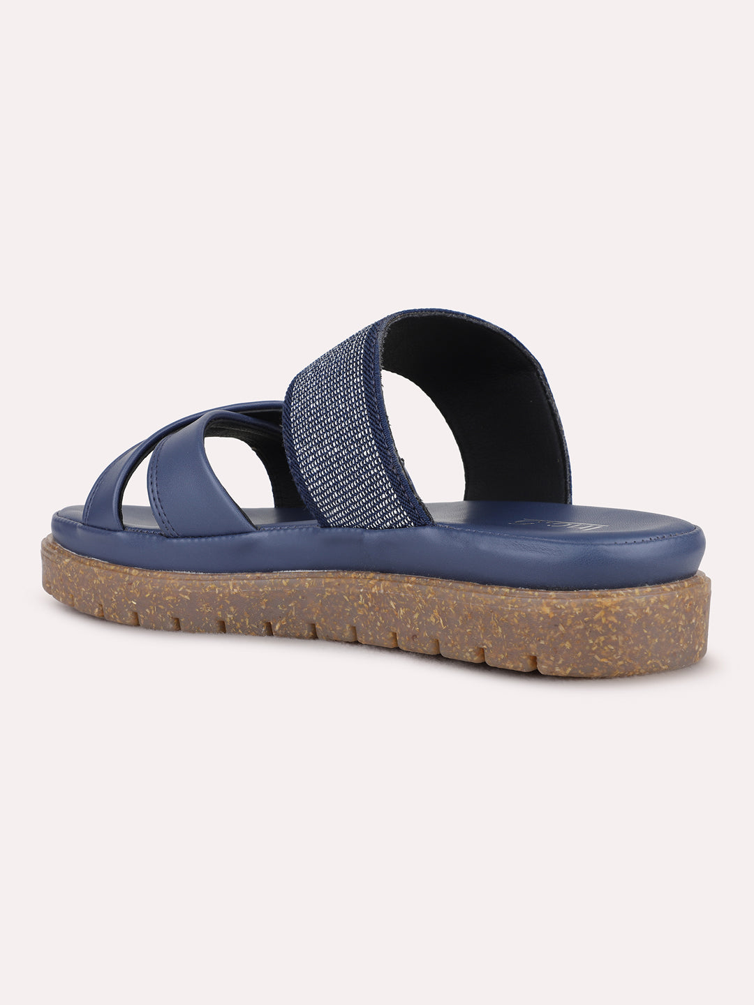 Womens Navy Casual Solid Open Toe Flat Slip-On Sandals