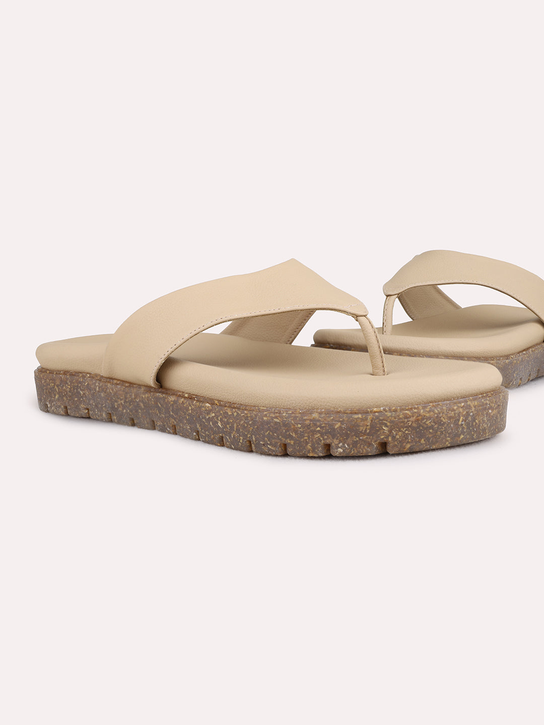 Womens Beige Casual Solid T-Strap Flat Slip-On Sandals