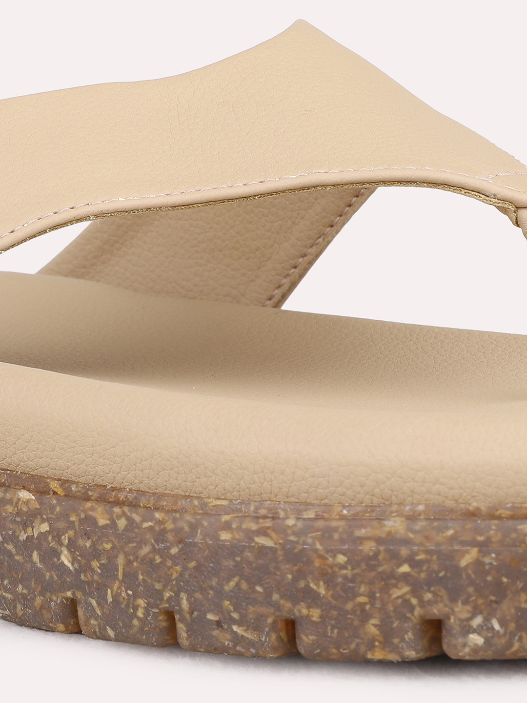 Womens Beige Casual Solid T-Strap Flats