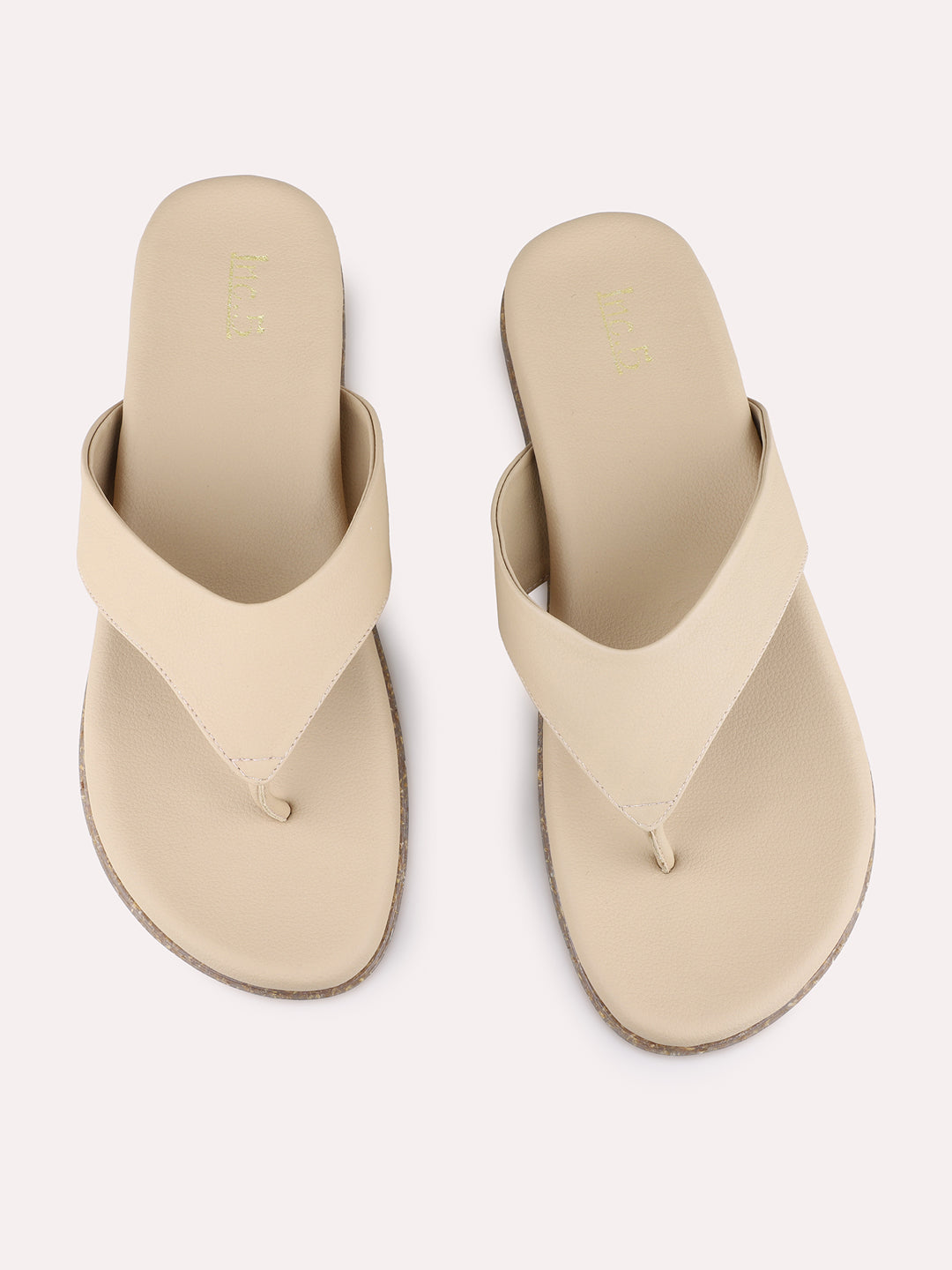 Womens Beige Casual Solid T-Strap Flats
