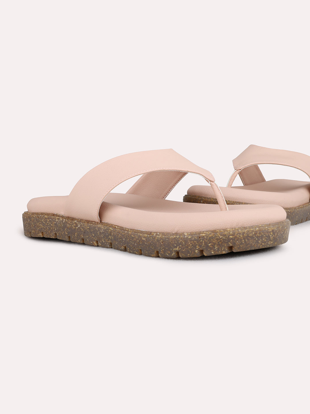 Womens Peach Casual Solid T-Strap Flat Slip-On Sandals