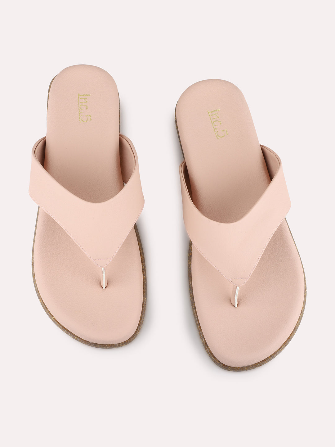 Womens Peach Casual Solid T-Strap Flats