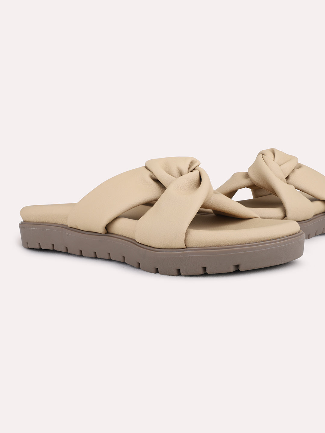 Womens Beige Casual Solid Open Toe Flat Slip-On Sandals