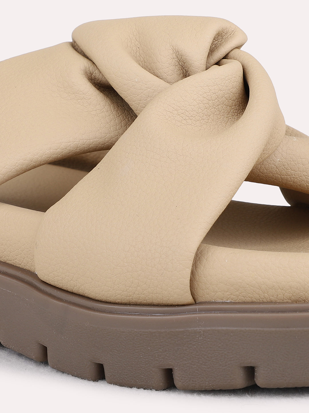 Womens Beige Casual Solid Open Toe Flat Slip-On Sandals