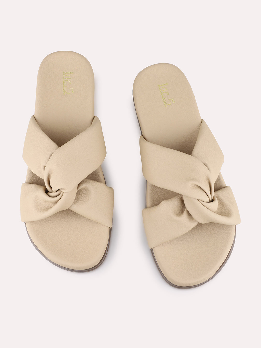 Womens Beige Casual Solid Open Toe Flat Slip-On Sandals