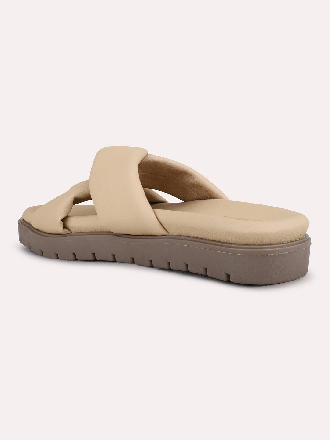 Womens Beige Casual Solid Open Toe Flat Slip-On Sandals