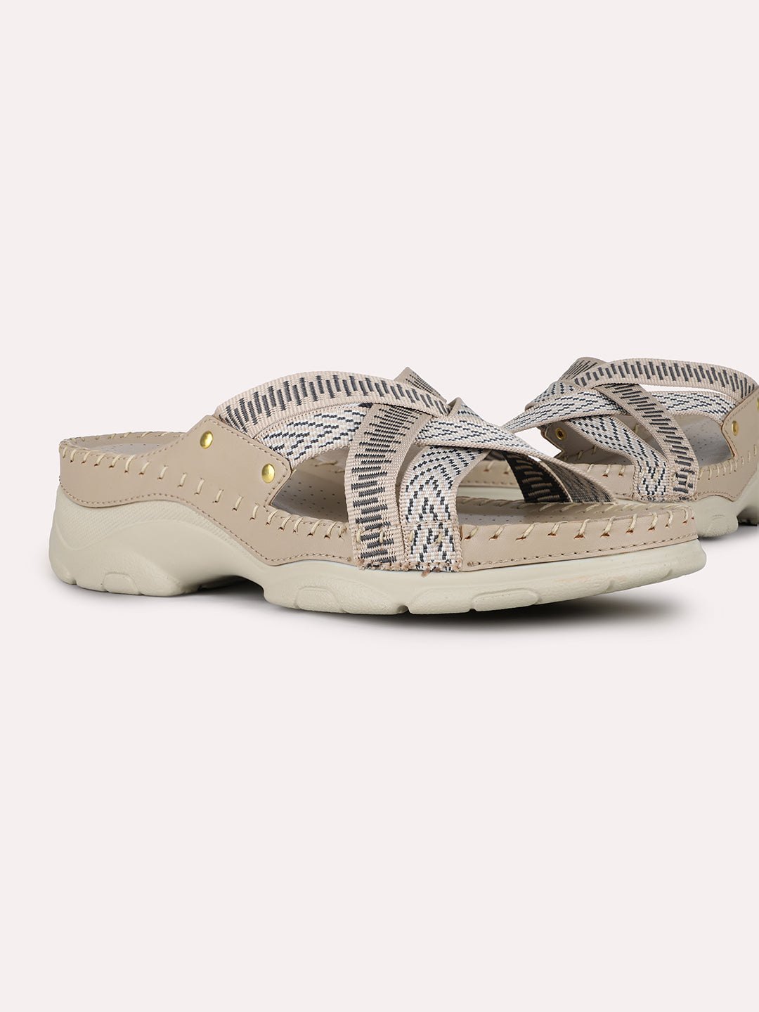 Womens Beige Party Wear Solid Open Toe Flat Slip-On Sandals