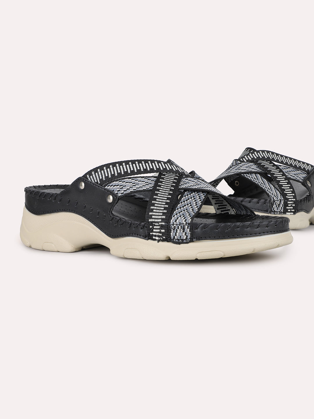 Womens Black Party Wear Solid Open Toe Flat Slip-On Sandals