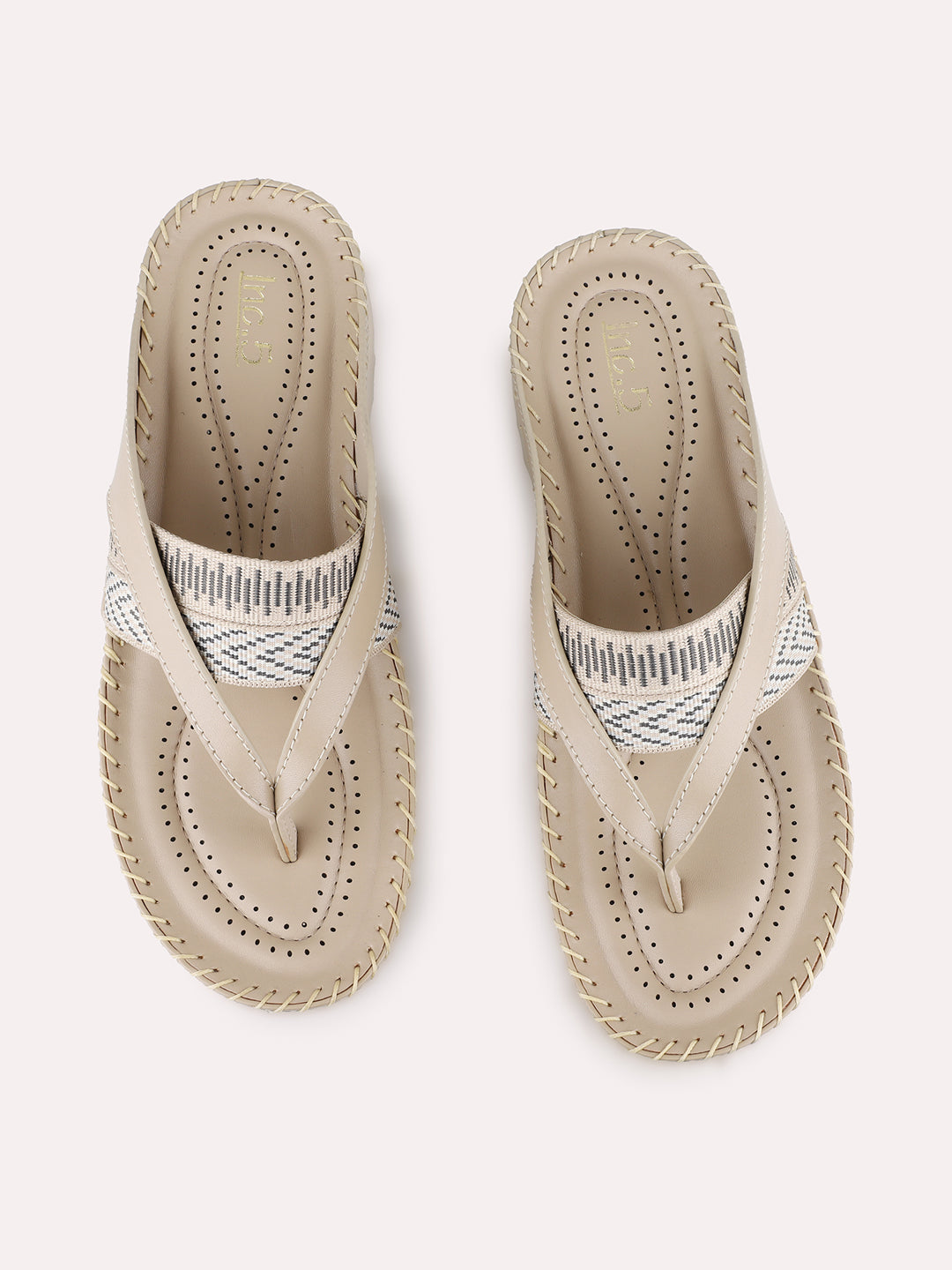 Women Beige Casual Printed Round Toe Flatform Heels