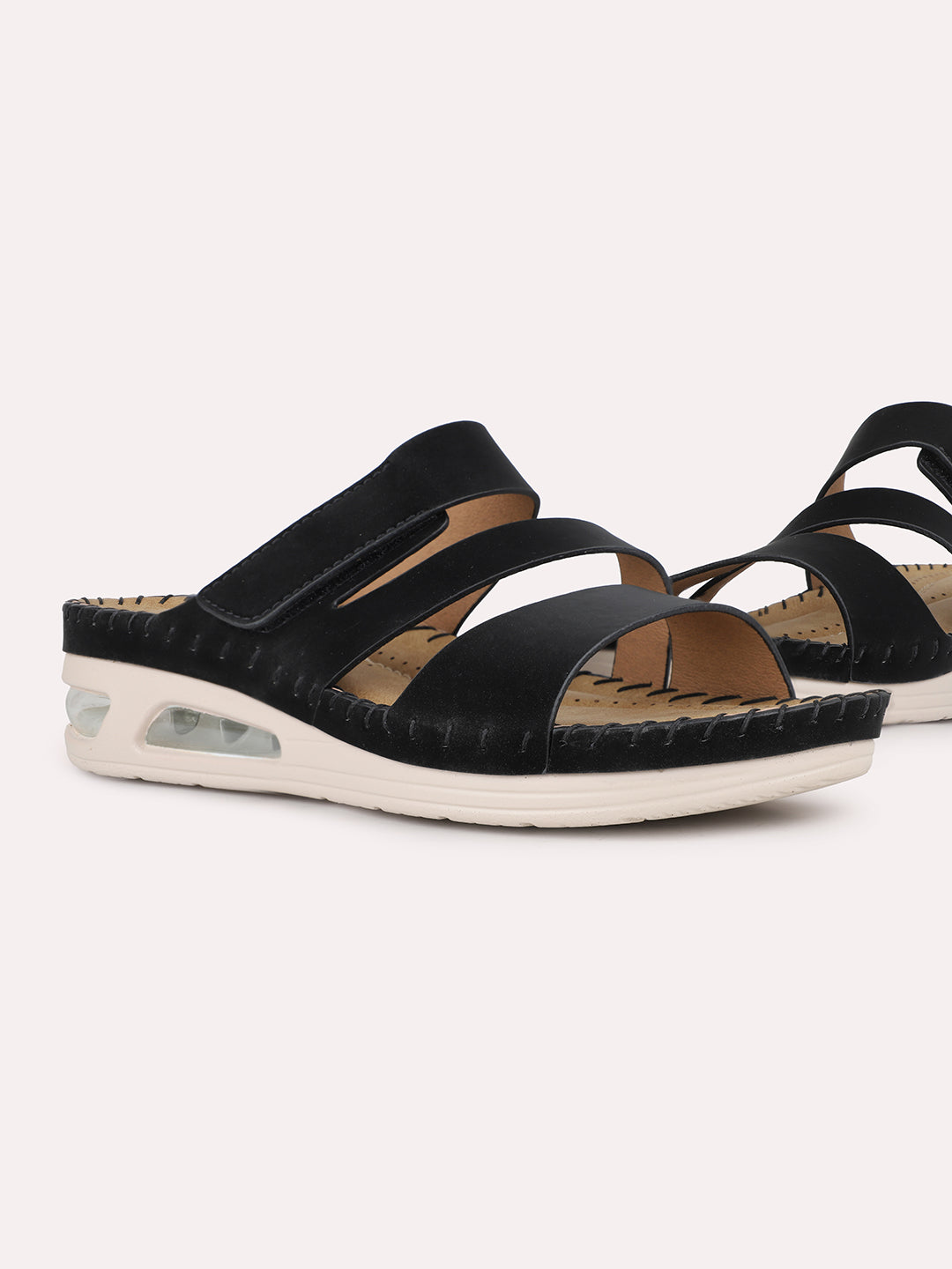 Women Black Casual Solid Round Toe Open Toe Slip-On Flats