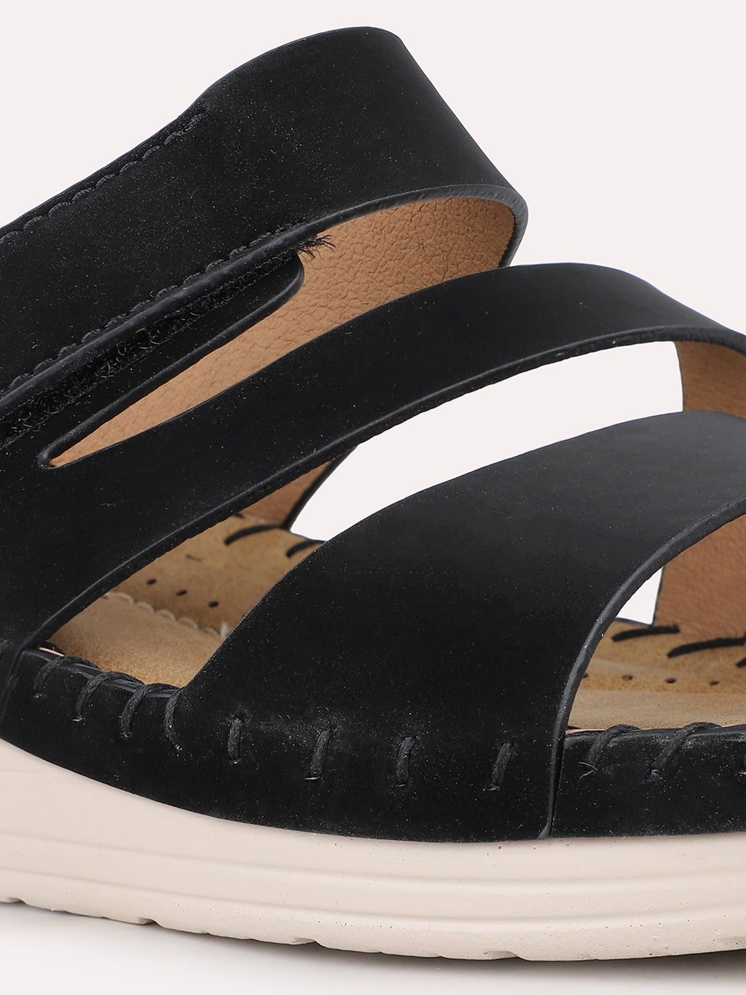 Women Black Casual Solid Round Toe Open Toe Slip-On Flats