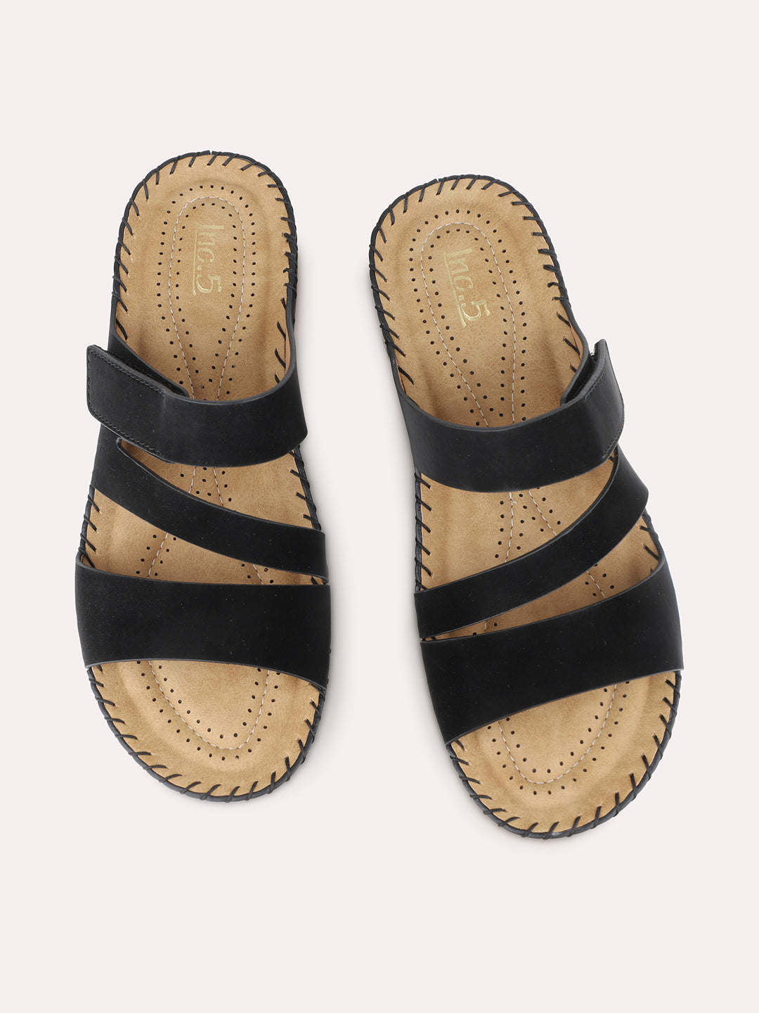 Women Black Casual Solid Round Toe Open Toe Slip-On Flats