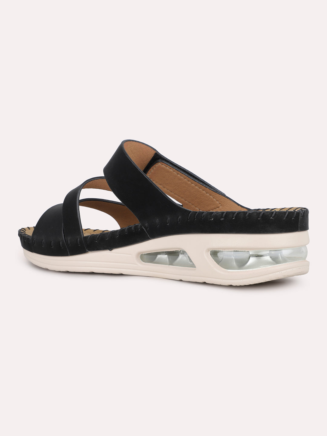 Women Black Casual Solid Round Toe Open Toe Slip-On Flats