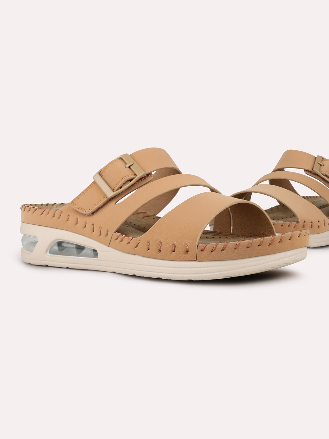 Women Beige Casual Solid Round Toe Flatform Heel Sandals