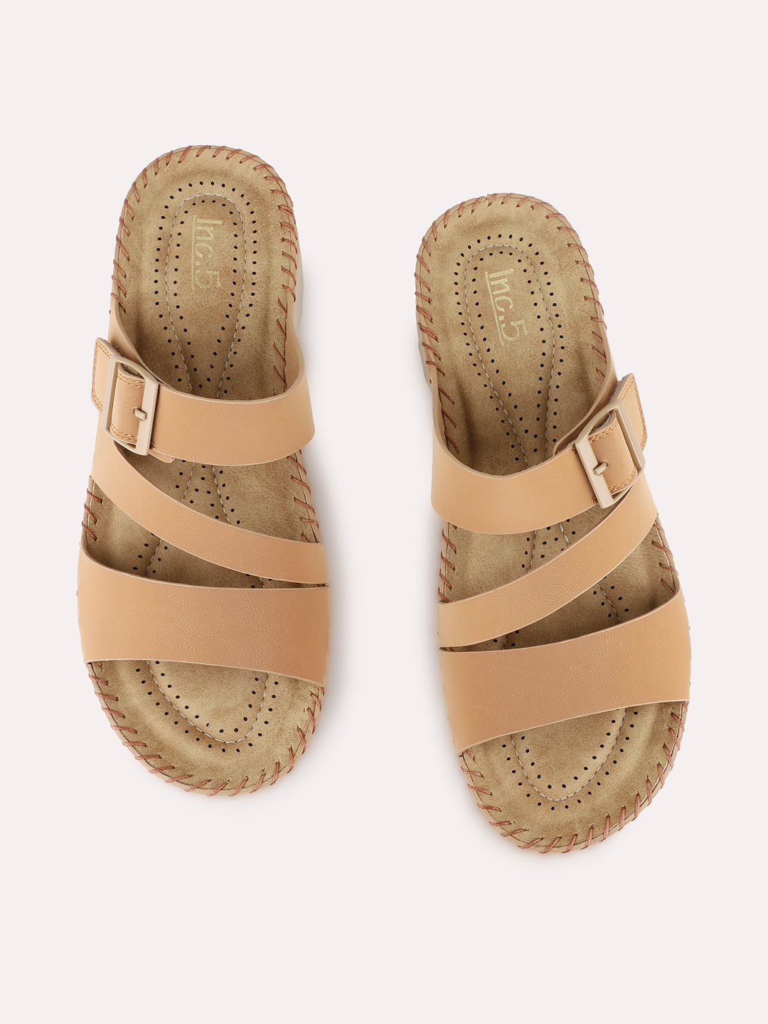 Women Beige Casual Solid Round Toe Flatform Heel Sandals