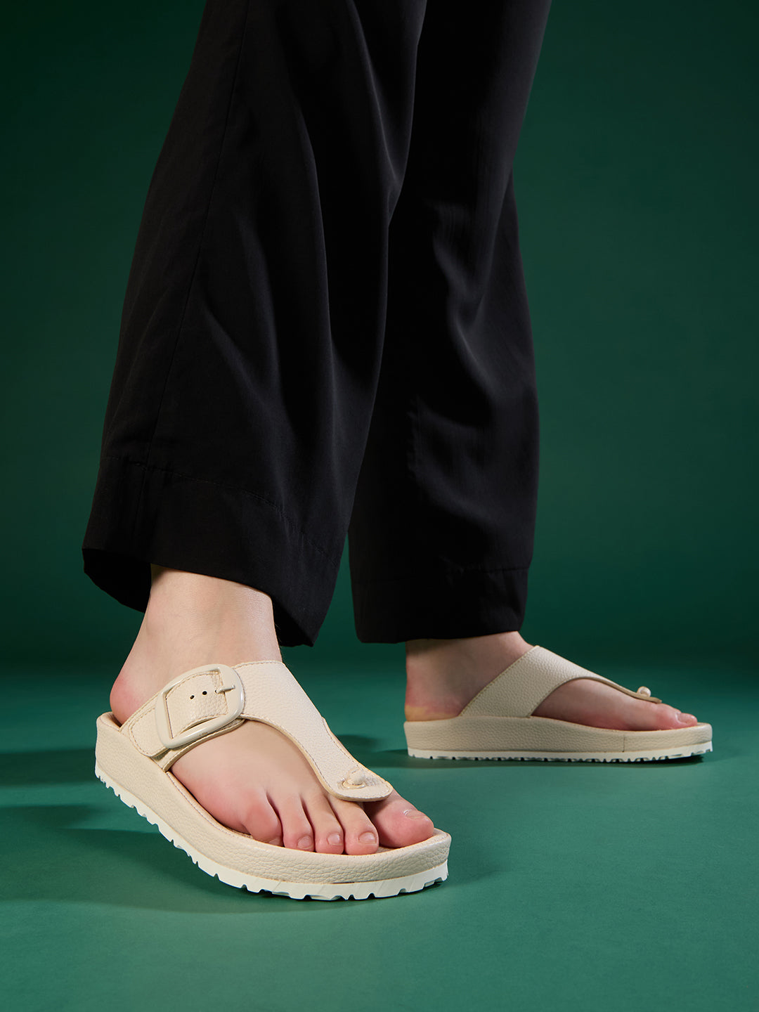 Women Cream Casual Solid Round Toe T-Strap Slip-On Flats