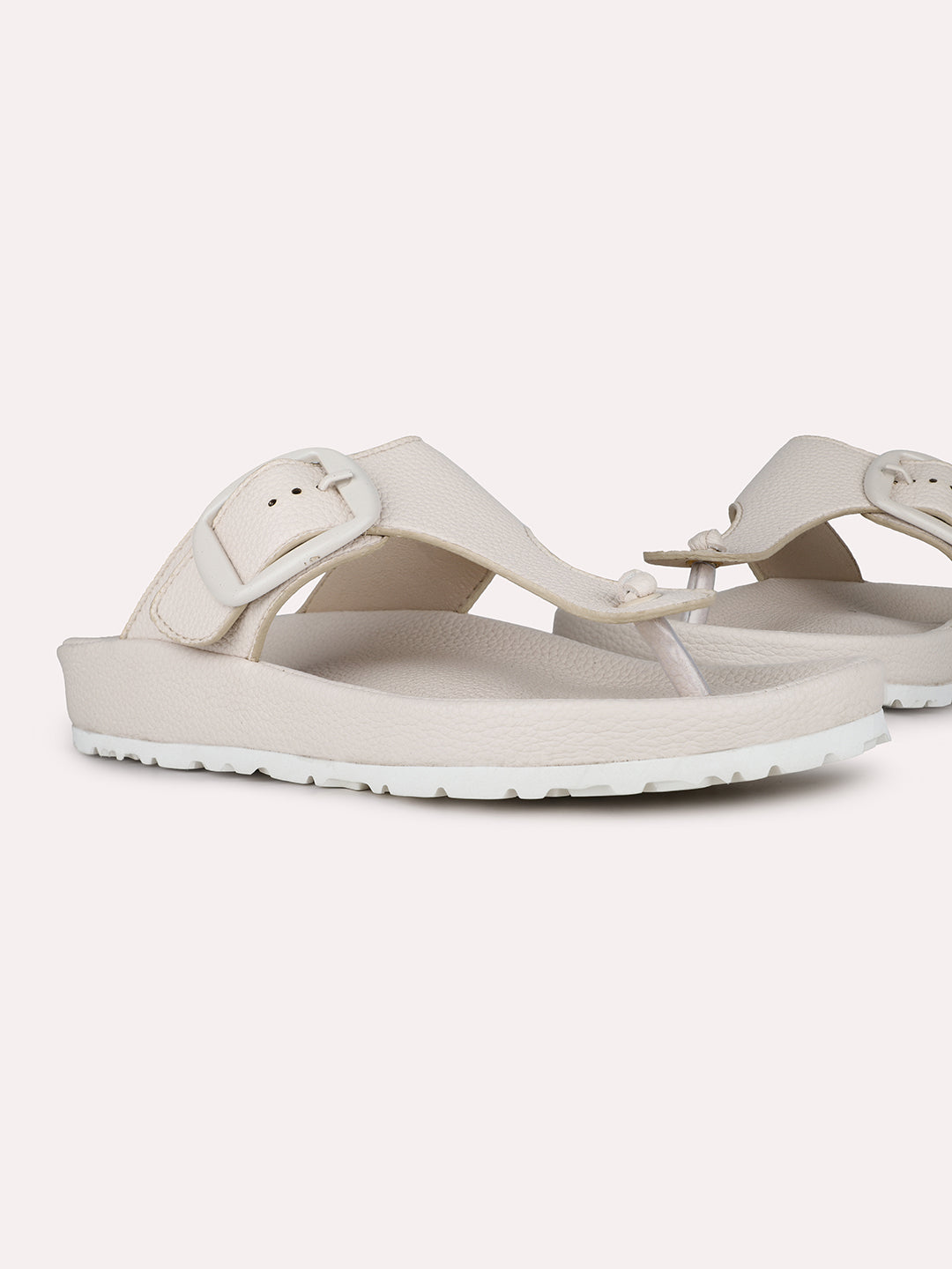 Women Cream Casual Solid Round Toe T-Strap Slip-On Flats