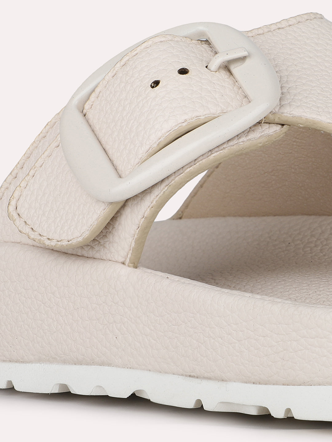 Women Cream Casual Solid Round Toe T-Strap Slip-On Flats